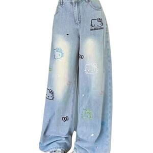 NWT ~ Women's Embroidered Hello Kitty Light Blue Denim Blue Jeans ~ Size XL